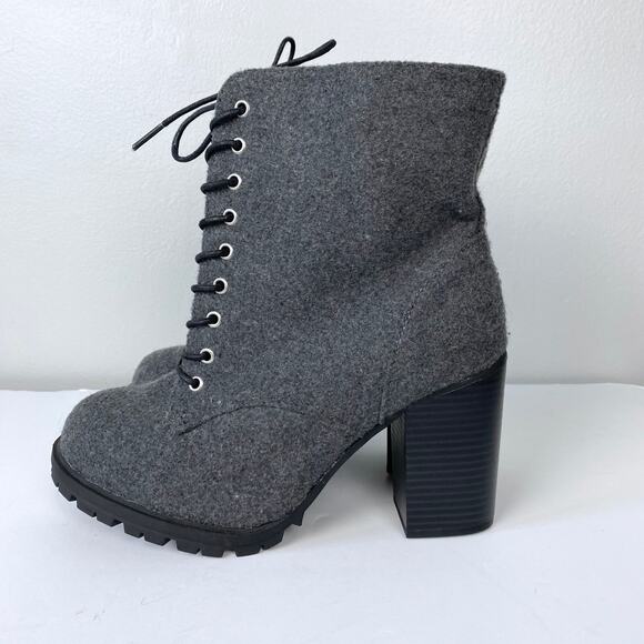 Lane Bryant Wool Blend Chunky Boots Lace Up Stacked Heel Gray Felt Boots Zip 9W - Picture 5 of 9